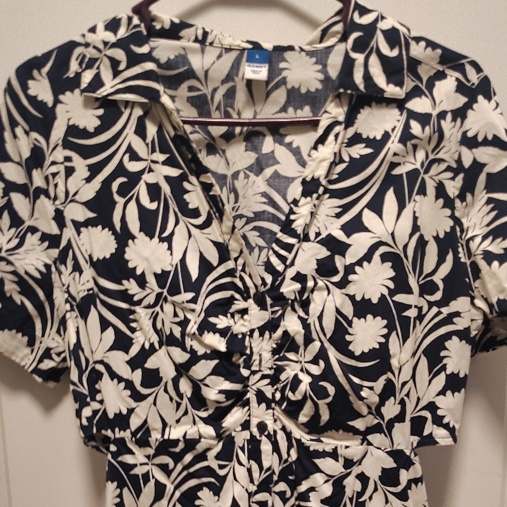 Old Navy Waist-Defined Midi Shirt Dress Navy Blue White Floral L - Picture 5 of 10